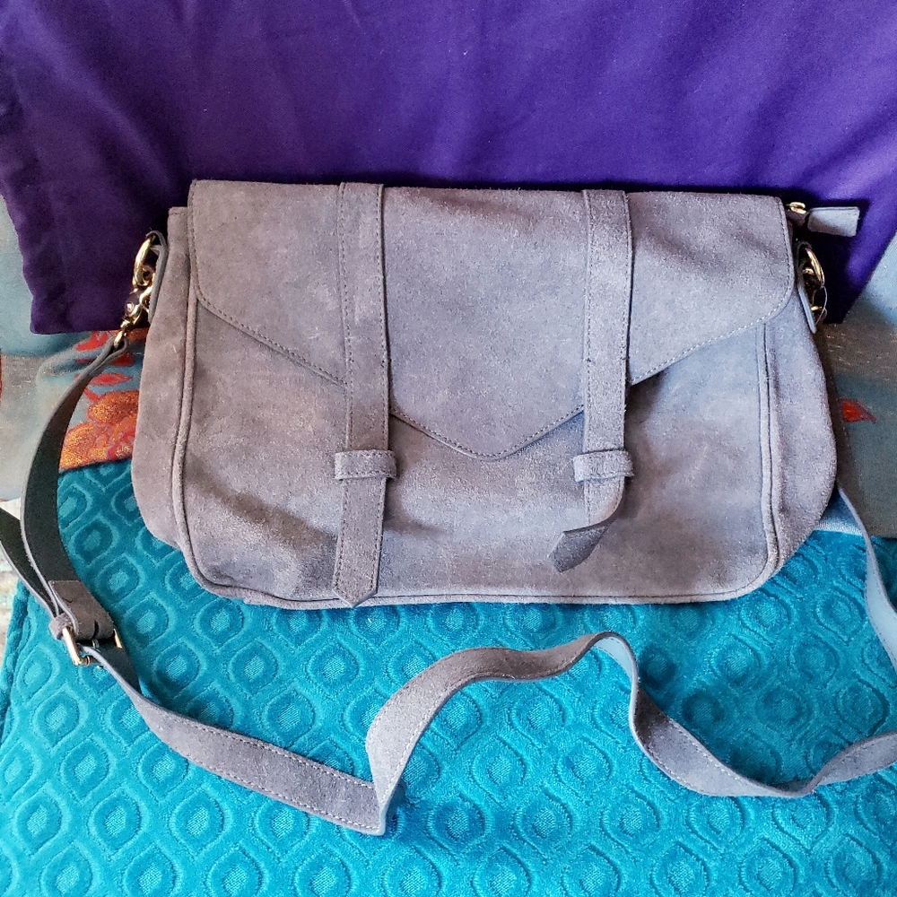 Large Violetta gray suede messenger, soft suede, NEVER CARRIED